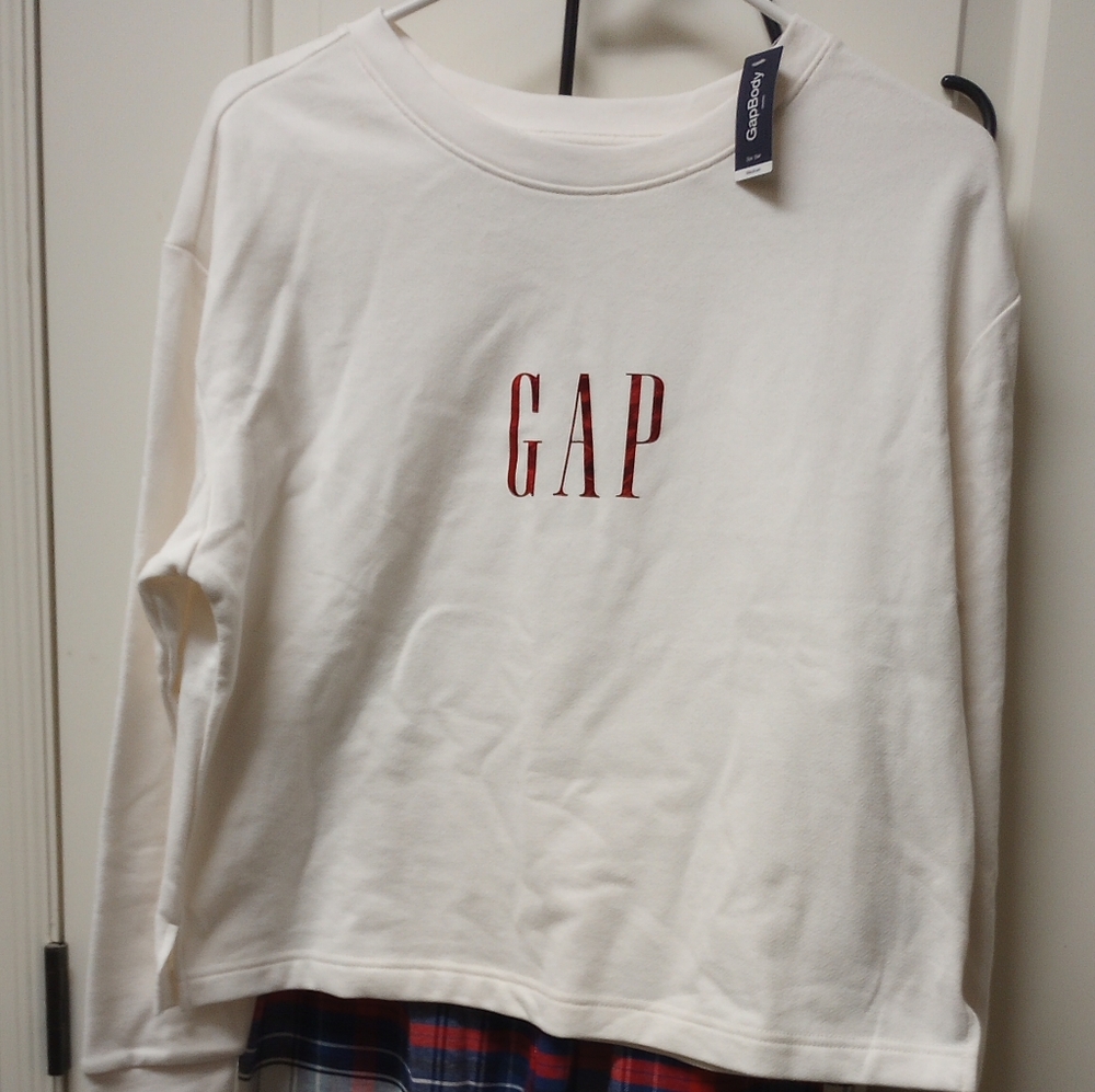 GAP Women's Pajama Set - White Top with Red and Blue Plaid Pants